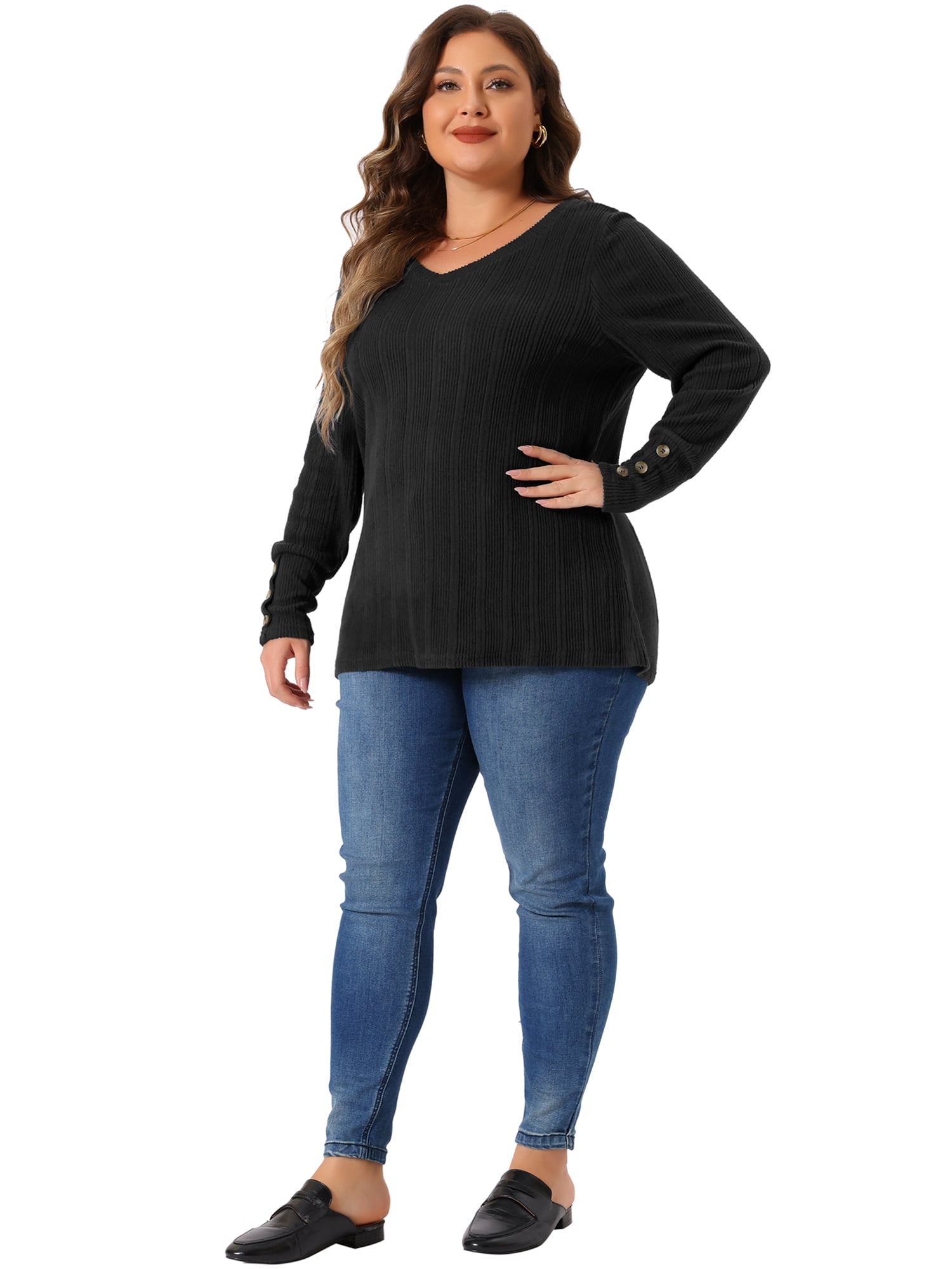 DARING DIVA Women's Plus Knit Tops V Neck Button Stretch Sweater 1X Black