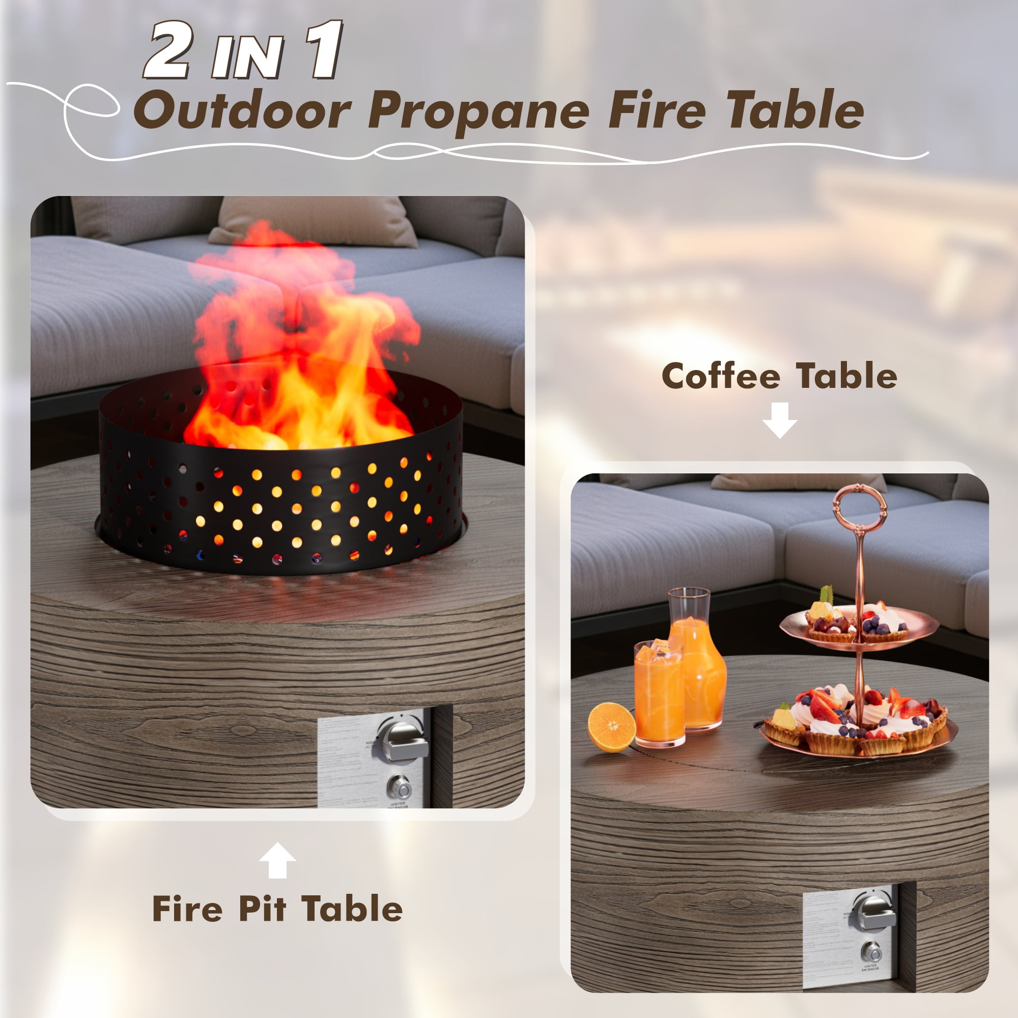 30 in. Round Coating Steel Propane Firepit Table, 50,000 BTU Outdoor Fire Pit Table in Dark brown Wood Grain
