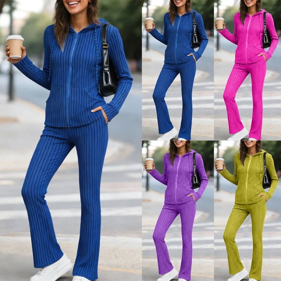 felwors Women's 2 Piece Ribbed Zip-Up Hoodie Tracksuit Vertical Stripe Sweatshirt High-Waisted Flared Pants, Slim-Fit Activewear Set（Blue， XXL）