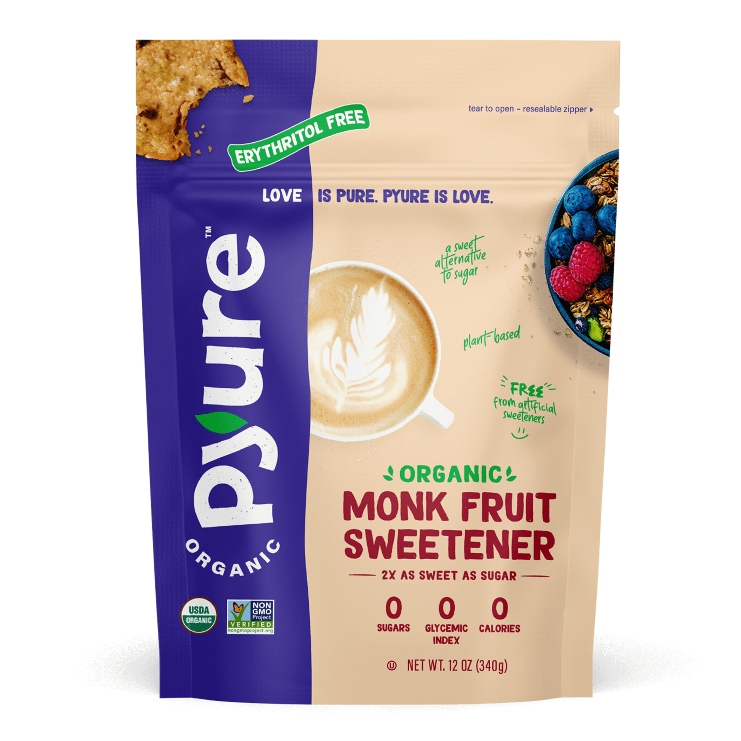 (6 pack) Pyure Organic Monk Fruit Sweetener | White Sugar Substitute for Baking, Coffee & Tea | Zero Carb, Zero Calorie, Keto, Plant-Based, Non-GMO, Gluten-Free, USDA Organic | 12 oz Granulated Blend