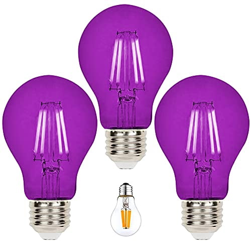 3 Pack A19 Filament LED Purple Light Bulbs E26 Base 8W 60 Watt Equivalent Vintage LED Purple