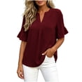 thumbnail image 4 of Edvintorg Summer Shirts for Women Cotton Linen V Neck Short Ruffle Sleeve Loose Casual Tops Womens Blouses Women Clothing Wine L, 4 of 9