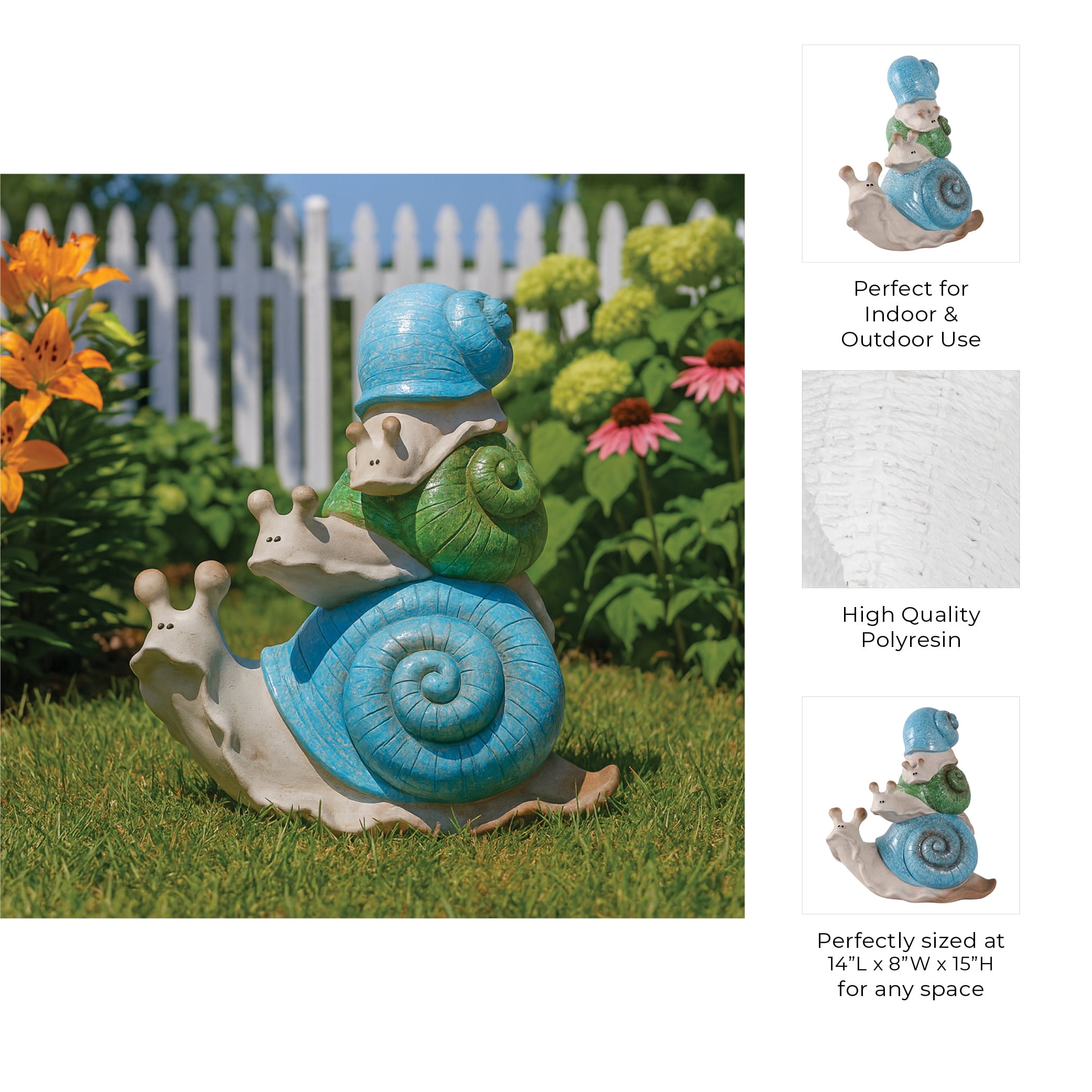 Whimsical Garden Decor Stacked Snail Sculpture - Front Porch Accent and Outdoor Decor for Backyard or Patio Setting - Yard Statue Art for Flower Bed, Planters, or Walkway Display - 15", Ivory & Blue
