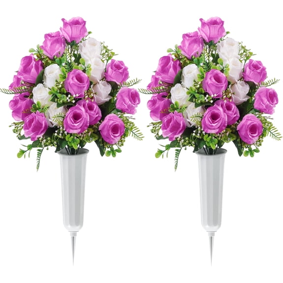 HKKDKTA Set of 2 Artificial Cemetery Flowers,Grave Flowers with Vase,Memorial Flowers Bouquet for Cemetery Headstones Decoration (Purple White)