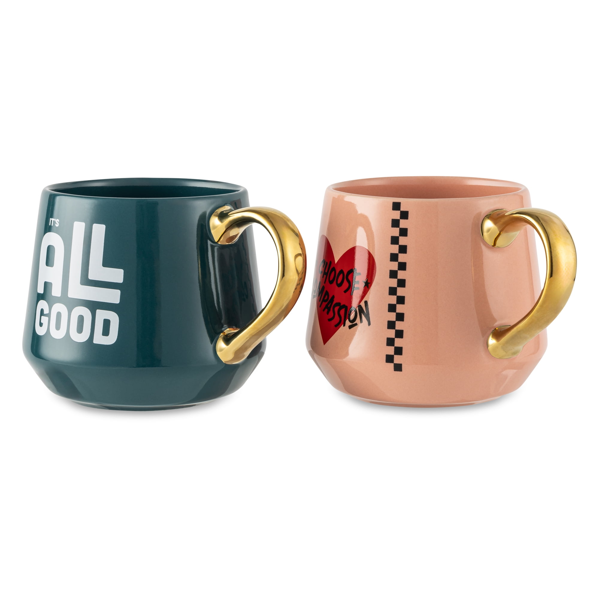 (4 pack) Thyme & Table 2 Pack It's All Good and Choose Compassion Pink with Gold Handles Mugs 16.2 fl oz, Stoneware