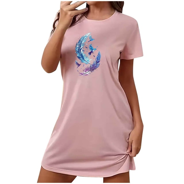 Mrat Pyjamas Confortables pour Femmes Robe de Nuit Douce Manches Courtes Chemise de Nuit Décontractée Imprimée Robe de Nuit Ample Confortable S-92 Rose-A S