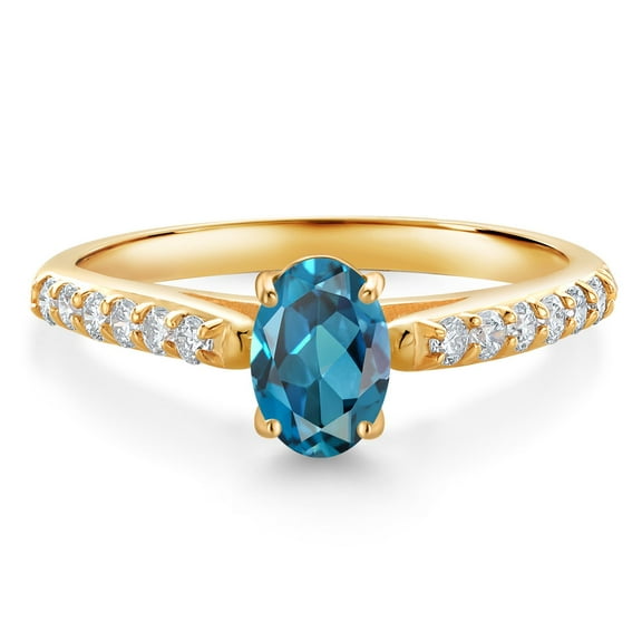 Gem Stone King 10K Yellow Gold London Blue Topaz and White Lab Grown Diamond Engagement Ring for Women (1.18 Cttw, Oval 7X5MM, Gemstone November Birthstone, Size 6)