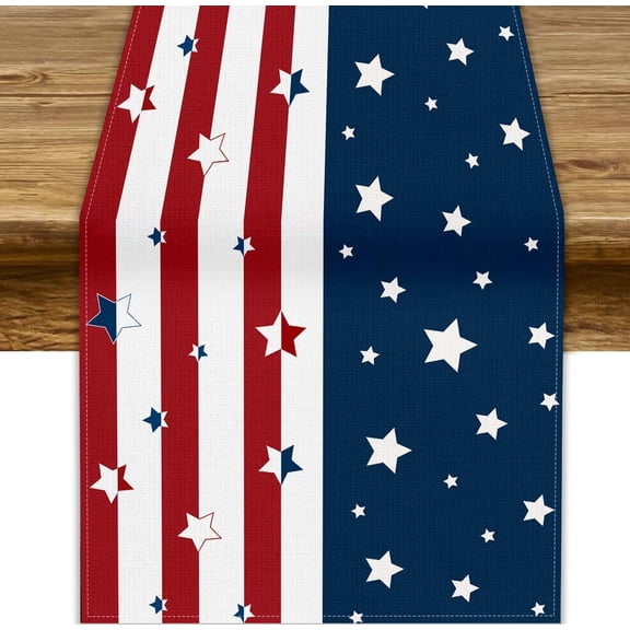 4th of July Table Runner, Strips Stars Patriotic America Memorial Day Independence Day Table Decoration for Indoor Outdoor Home Kitchen Dining Room Party 13x36in