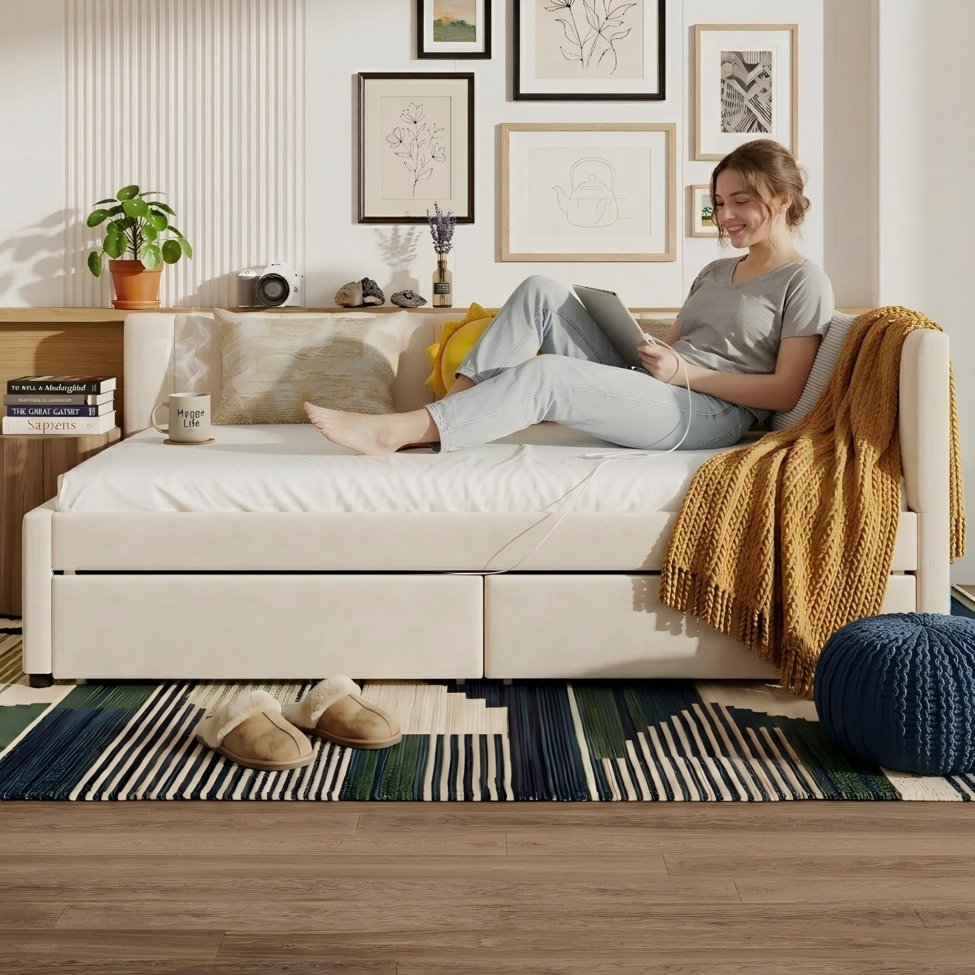 Aukfa Full Size Upholstered Daybed with 2 Storage Drawers, Velvet L-Shaped Channel-Tufted Headboard, Beige