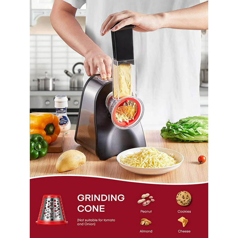Electric Cheese Grater Shredder, Electric Salad Maker for Home Kitchen Use,  One-Touch Easy Control, Electric Grater for Vegetables, Cheeses and Nuts,  BPA-Free, Red 