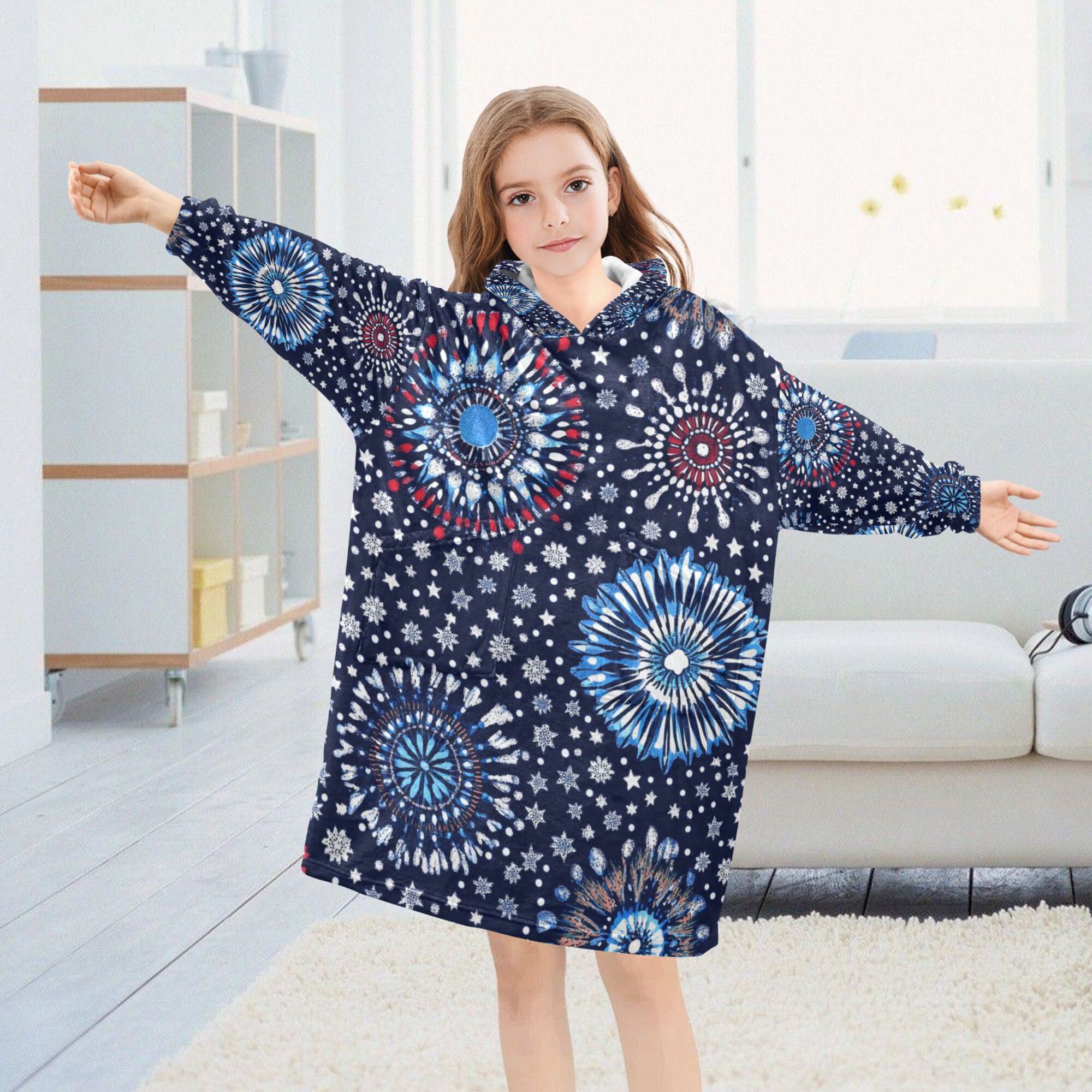 FORMRS Wearable Blanket Hoodie with Sleeves for Kids Cozy Flannel Sweatshirt, Blue Fireworks Pattern