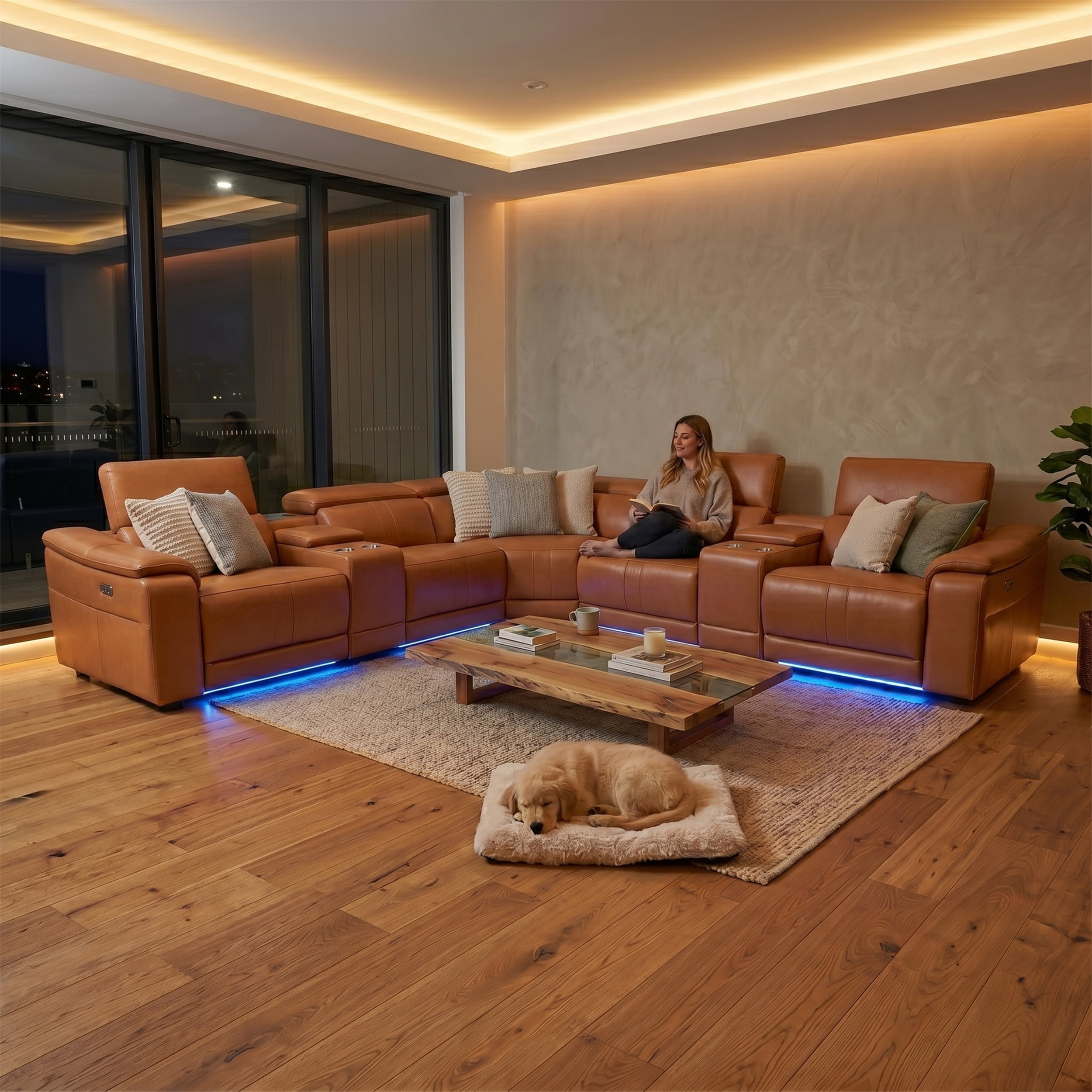 Arron Modern Leather Power Reclining Sectional Sofa with Media Console, Wireless Charging, Bluetooth Speakers, and Ambient LED Under-Glow, Caramel