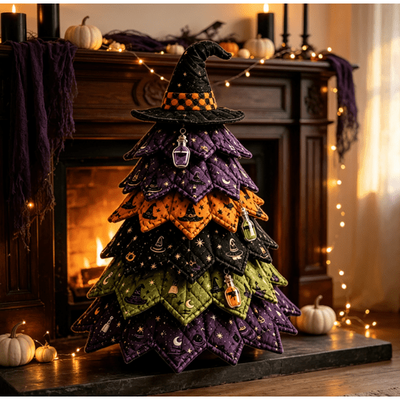 Halloween Patchwork Decor Quilted Tabletop Tree, Cute Black Cat Pumpkin Print DIY Fabric Tree, Lightweight Portable Craft Kit for Home Desktop Halloween Indoor Decor (Witch Potion Tree)