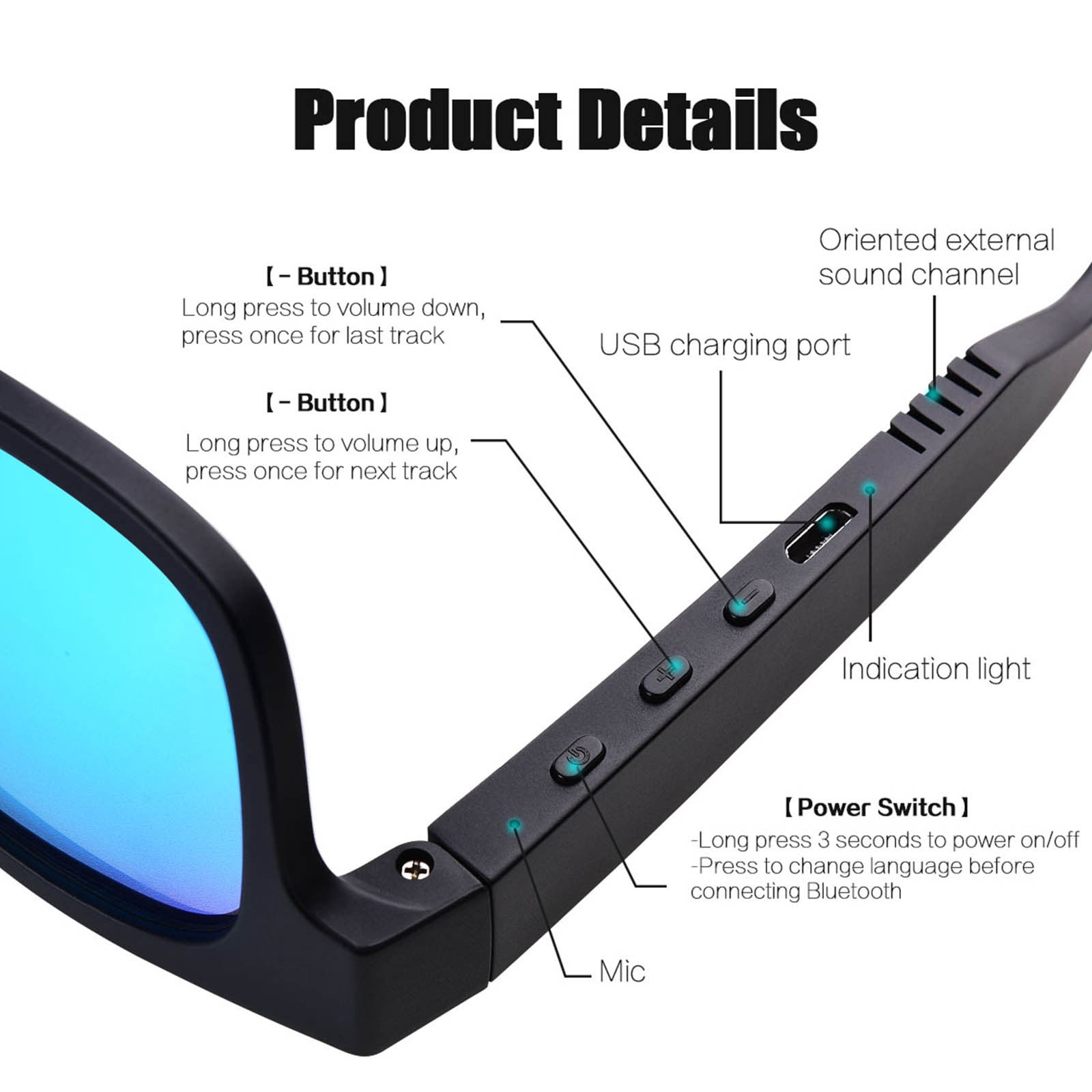 Bluetooth Bone Conduction Sunglasses – Polarized Audio Glasses, Wireless Sports Headphones, IP7 Waterproof, 4H Playtime for Running/Cycling/Driving (Black)