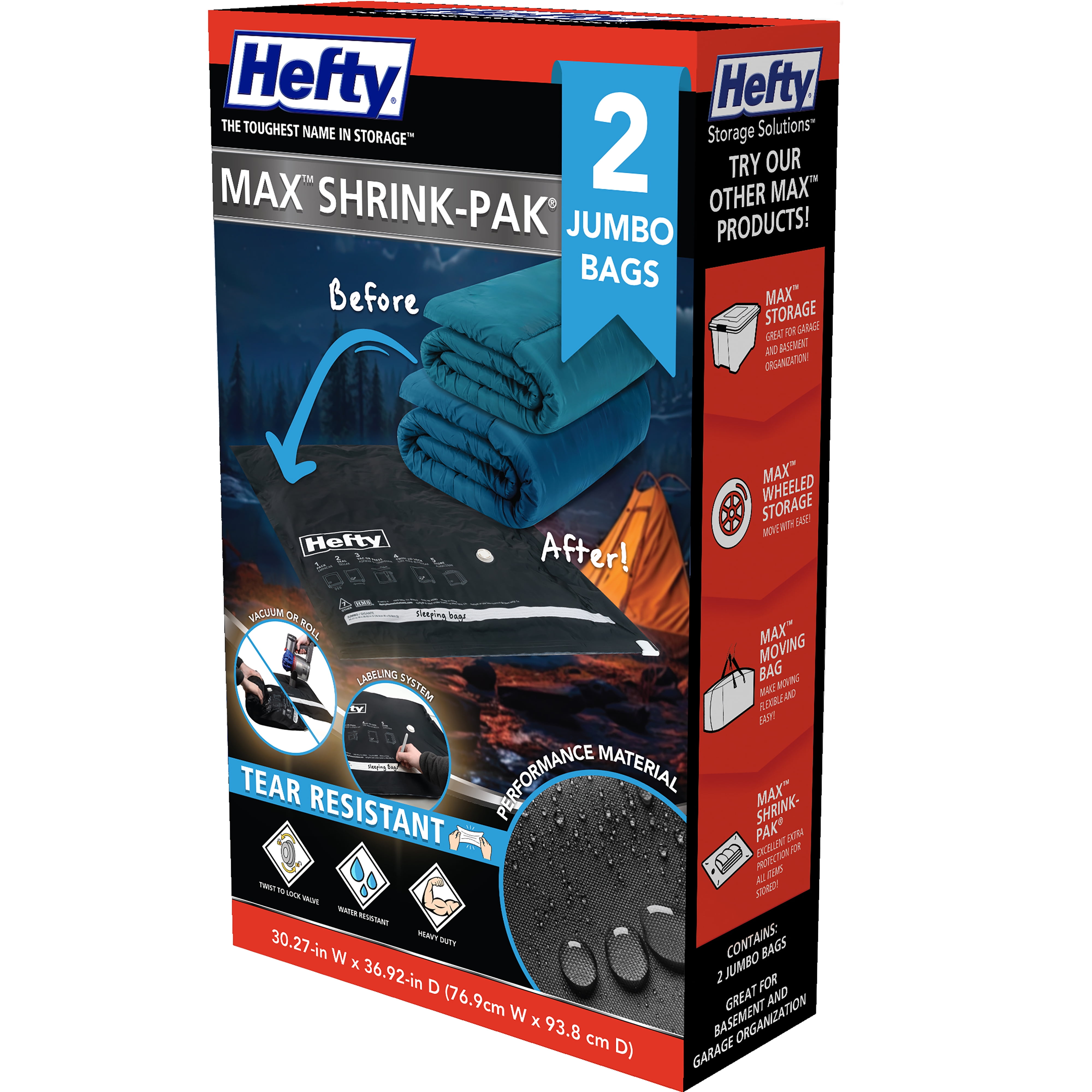 (2 pack) Hefty Max Shrink-Pak 2 Jumbo Vacuum Compression Bags, Closet Garage Organizers, Black, Adults / Tweens