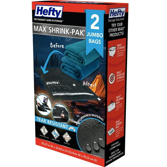 Hefty Max Shrink-Pak 2 Jumbo Vacuum Compression Bags, Closet Garage Organizers, Black, Adults / Tweens