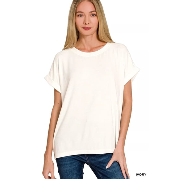 Je Suis une Accro de la Mode Zenana Doux Mélange Hacci T-Shirt à Manches Courtes Col Rond (Ivoire, m)