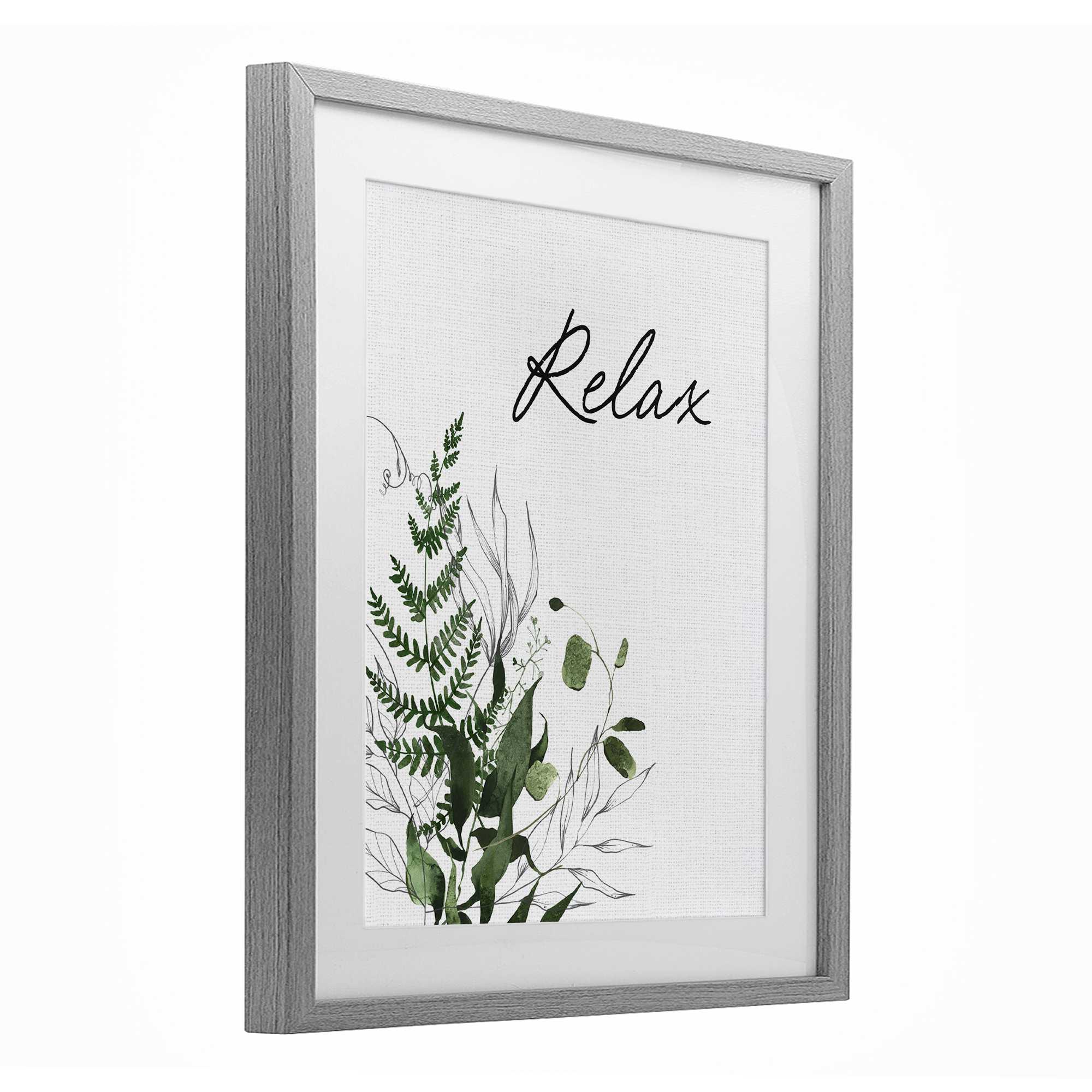 Relax Ferns & Botanicals Gray Framed Print Under Glass, design by Lettered and Lined