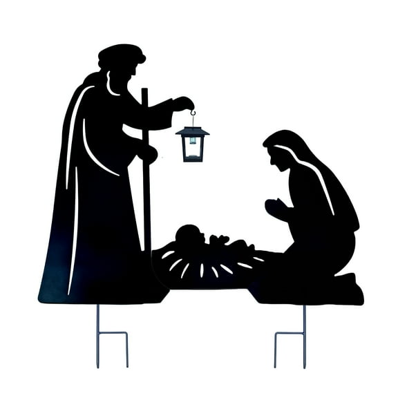 17.9”Metal Nativity Scene Outdoor Christmas Set Decor with Solar Lantern for Silhouette Stakes Yard Decorations