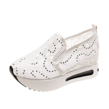 KELINFONG Womens Sneakers Platform Wedge Walking Shoes Fashion Embroidery Floral Mesh Sole Slip on Loafers