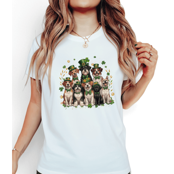 St Patricks Day Dog Print Tshirt Graphic Tees White Shirts S-5XL Womens Shamrock Green Funny Puppy Holiday Tops
