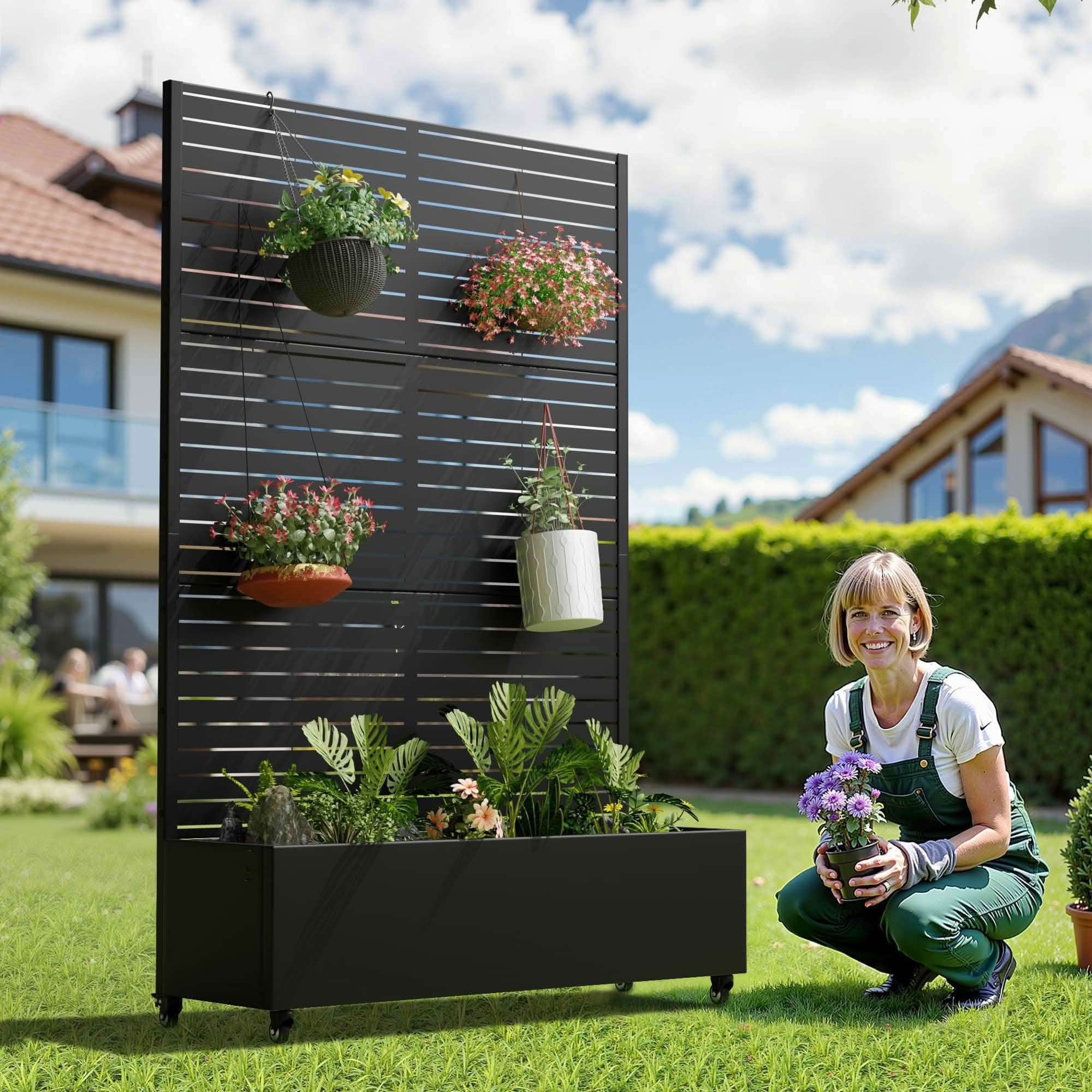 MAYEERTY 72x47x16 Inch Black Metal Rectangular Planter Box with Trellis, 5 Piece Set for Outdoor Garden & Patio