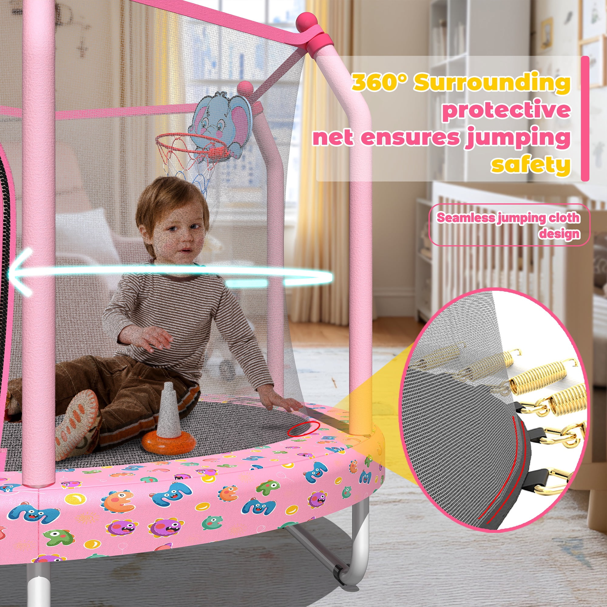 55" Trampoline for Kids, Mini Toddler Trampolines Indoor with Basketball Hoop & Safety Enclosure Net, No-Gap Safe Design for Boys Girls Ages 1-8