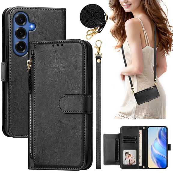 Decase for Samsung Galaxy S26 Crossbody Case,PU Leather Zipper Wallet Phone Case with Card Holder Cash Slot,Flip Shockproof Faux Leather TPU inner Hybrid Cover,Black