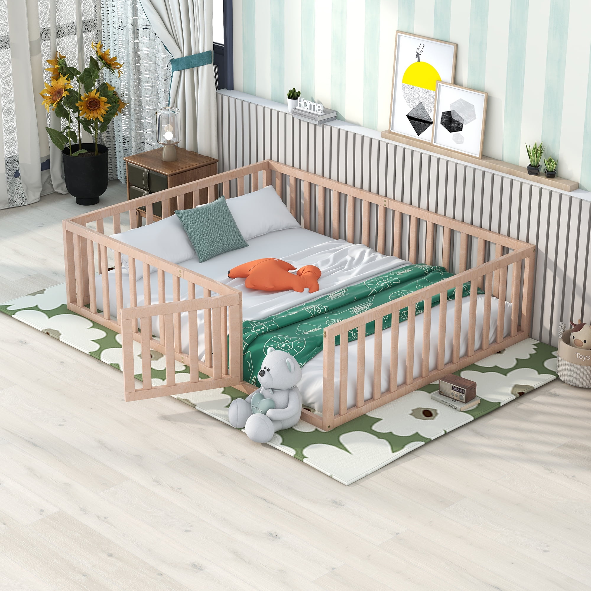 Bellemave Queen Size  Floor Bed with Fence and Door, Wood Montessori Bed Frame, Floor Bed Frame, Slats Not Included (Queen,Natural)