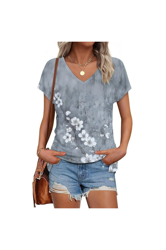 Women's Casual T-Shirt Summer Peasant Tees Floral V-Neck Short Sleeve Juniors Tops