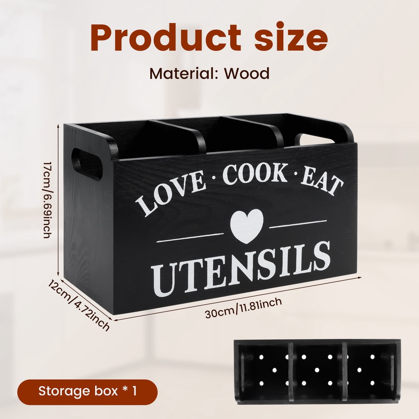 Wooden Utensil Holder for Kitchen Counter, Cooking Utensil Organizer with 3 Compartments, Adjustable Dividers Utensil Crock for Silverware Spoon Spatula
