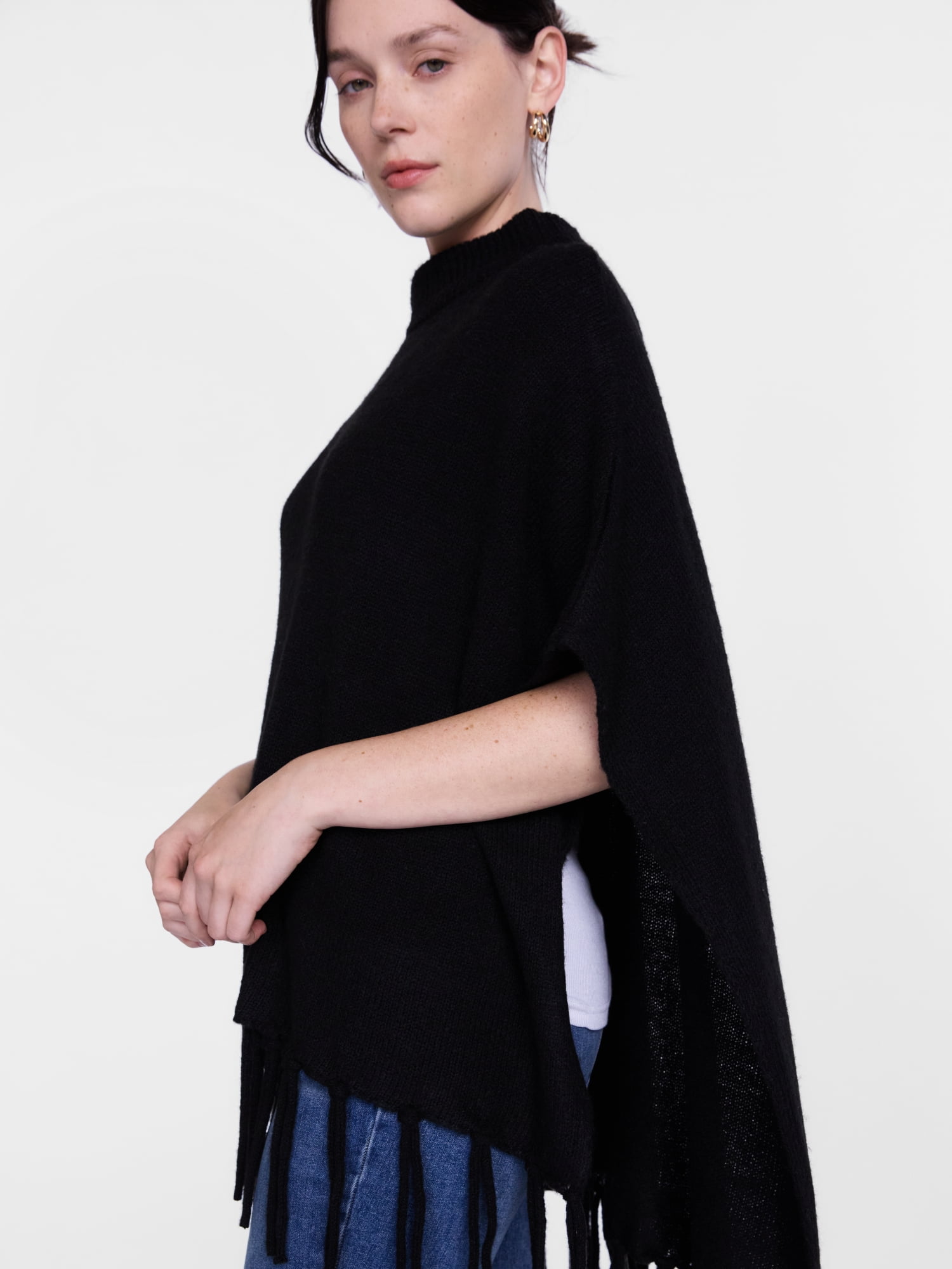 Scenario Women's Mock Neck Fringe Poncho, Sizes S-XL