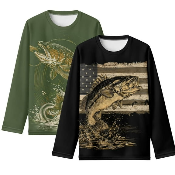 POLERO 13-14 Years Boys Shirts Long Sleeve Fishing American Flag Crew Neck T-Shirts Casual Loose Tops Kids Winter Layering Tees