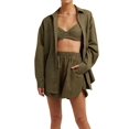 thumbnail image 2 of Women'S 3 Piece Outfits Set Spaghetti Strap Tank Top Long Sleeve Cover Up Blouse Casual High Waist Shorts Green S, 2 of 10