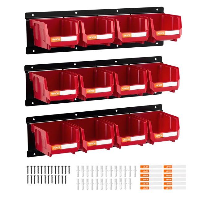 VEVOR Wall Mounted Storage Bins, 12 Plastic Bins & 3 Metal Rails, Plastic Hanging Stackable Storage Bin for Screws, Nuts, Bolts, Nails, Hardware Tool Organizer for Workshop, Craft Room, Garage, Red