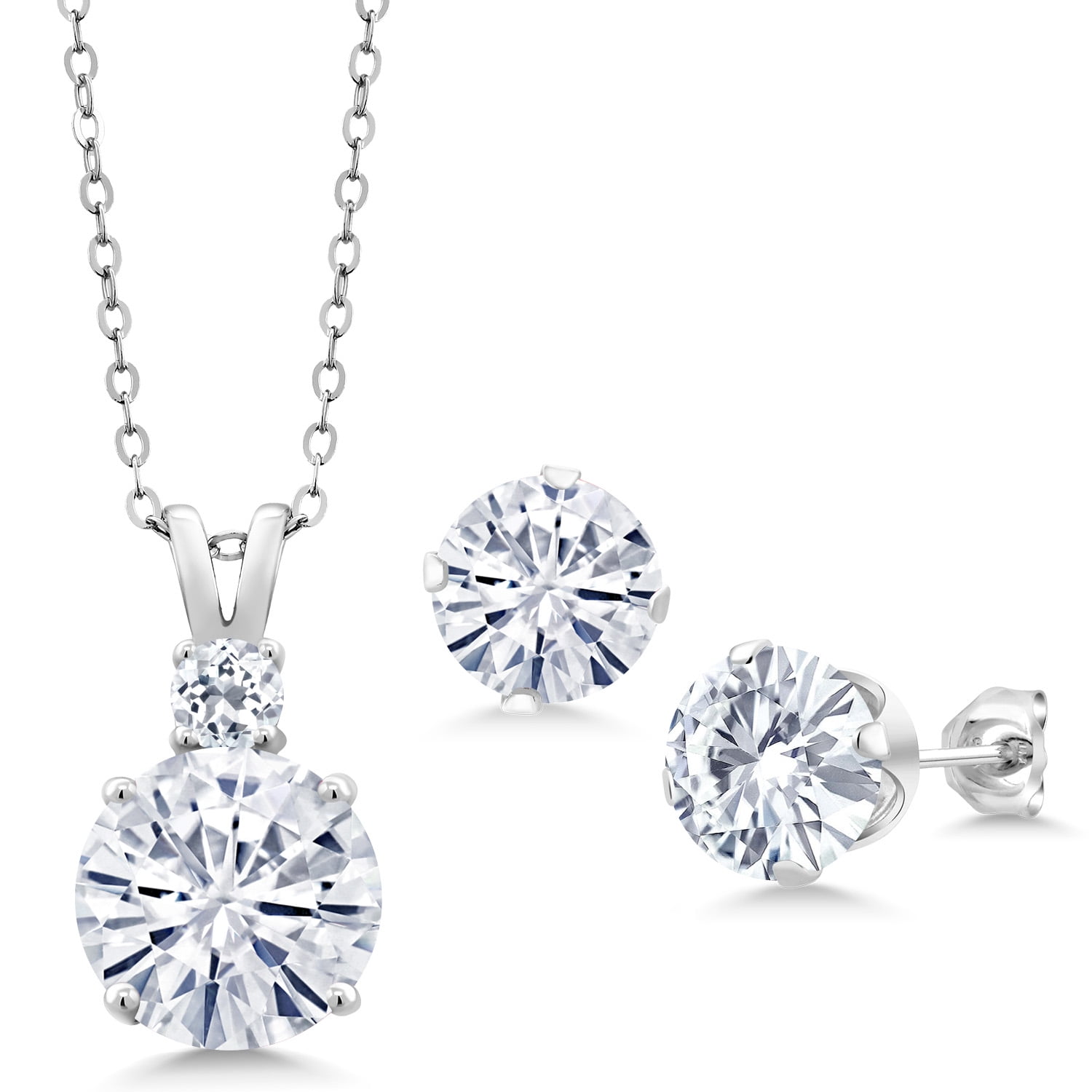 Gem Stone King 925 Sterling Silver White Moissanite and White Topaz Pendant and Earrings Jewelry Set for Women (12.22 Cttw, Round 10MM, Gemstone Birthstone, with 18 inch Silver Chain)