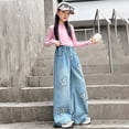 thumbnail image 7 of Girl's Floral Embroidered Patch Design Straight Leg Loose Wide Leg Pants For Girls Casual Trousers, 7 of 7