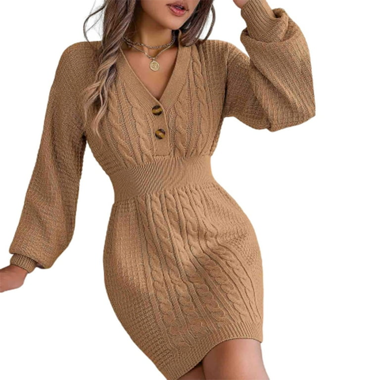 HJYCHN Women Long V Neck Button Front Stretch Knit Striped Sweater Dress  for Everyday Comfort and Style Khaki M - Walmart.com