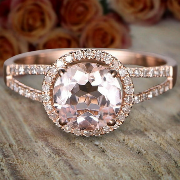 Antique Halo 1.50 carat Morganite and Diamond Halo Engagement Ring with 18k Gold Plating