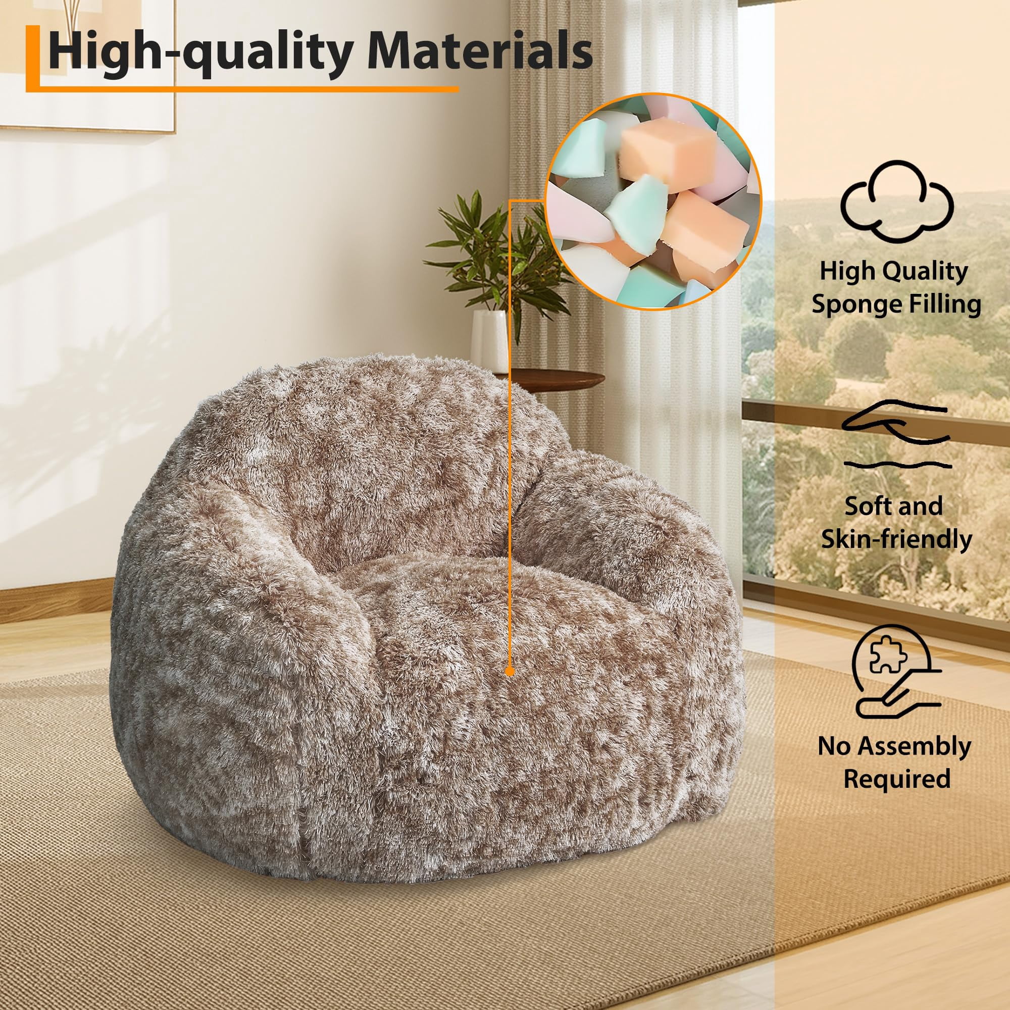 BouPower Bean Bag Chair for Adults, Plush Fluffy Faux Fur Sofa, Premium High-Density Sponge Filler Ergonomic Backrest & Armrests, Removable Washable Cover Comfy Lazy Chair for Bedroom Living Room