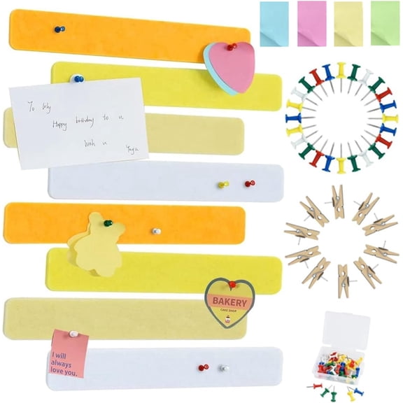 8 pcs Bulletin Board Bar Strips with 50 Pushpins,Self Adhesive Cork Board for Wall,Felt Pin Board for School,Office Decor(Yellow White)