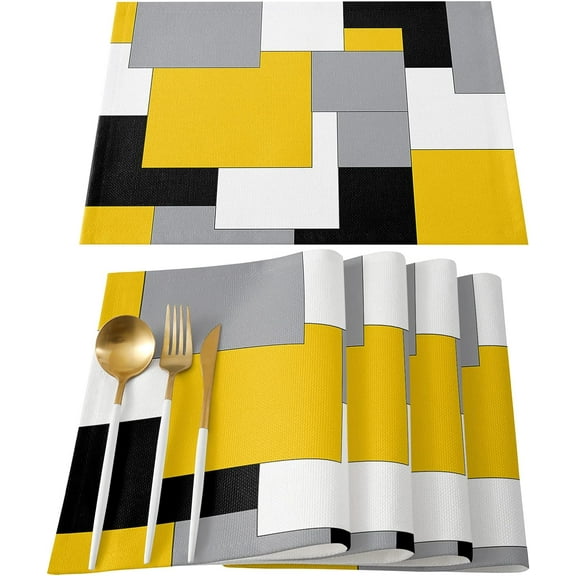 Abstract Art Placemats Set of 6,Non Slip Washable Farmhouse Table Mats Set, Black and Yellow Table Placemats for Kitchen Dining Table,Wedding Holiday Party Decoration