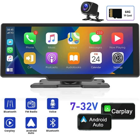 Podofo 7-32V 10.26" Portable Car Stereo Radio Wireless Carplay Android Auto HD Touch Screen Player FM Bluetooth Voice Control,with 64G TF Card&Backup Camera