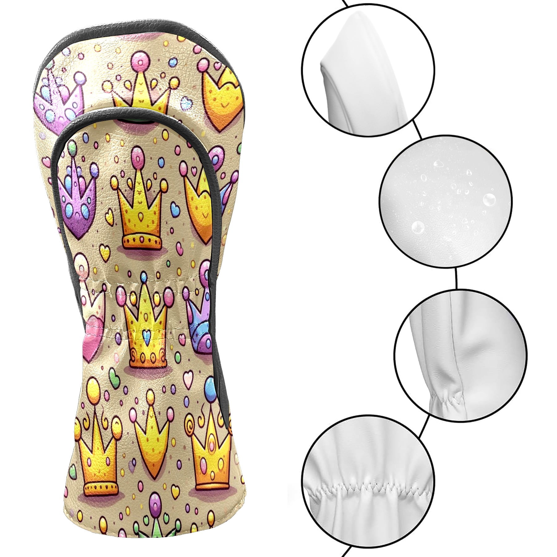 Golf Club Covers, Yellow Purple Crowns Premium PU Leather Driver Hybrid Putter Head Covers with Velvet Lining, Waterproof Golf Gifts for Men Women