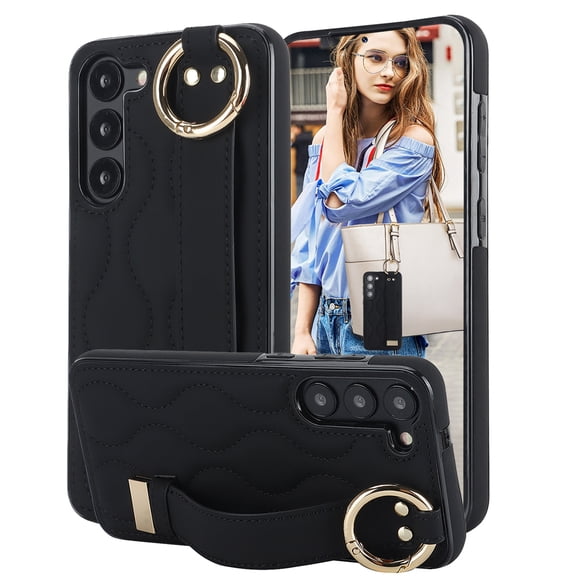 CCSmaller for Samsung Galaxy S24 Plus Case (Not S24) with Strap Wristband Kickstand, PU Leather Phone Cover with Ring Case for Samsung Galaxy S24 Plus ZWD Black