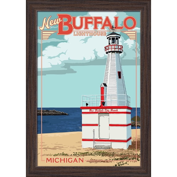 New Buffalo, Michigan - New Buffalo Lighthouse - Lantern Press Artwork (12x18 Giclee Art Print, Gallery Framed, Espresso Wood)