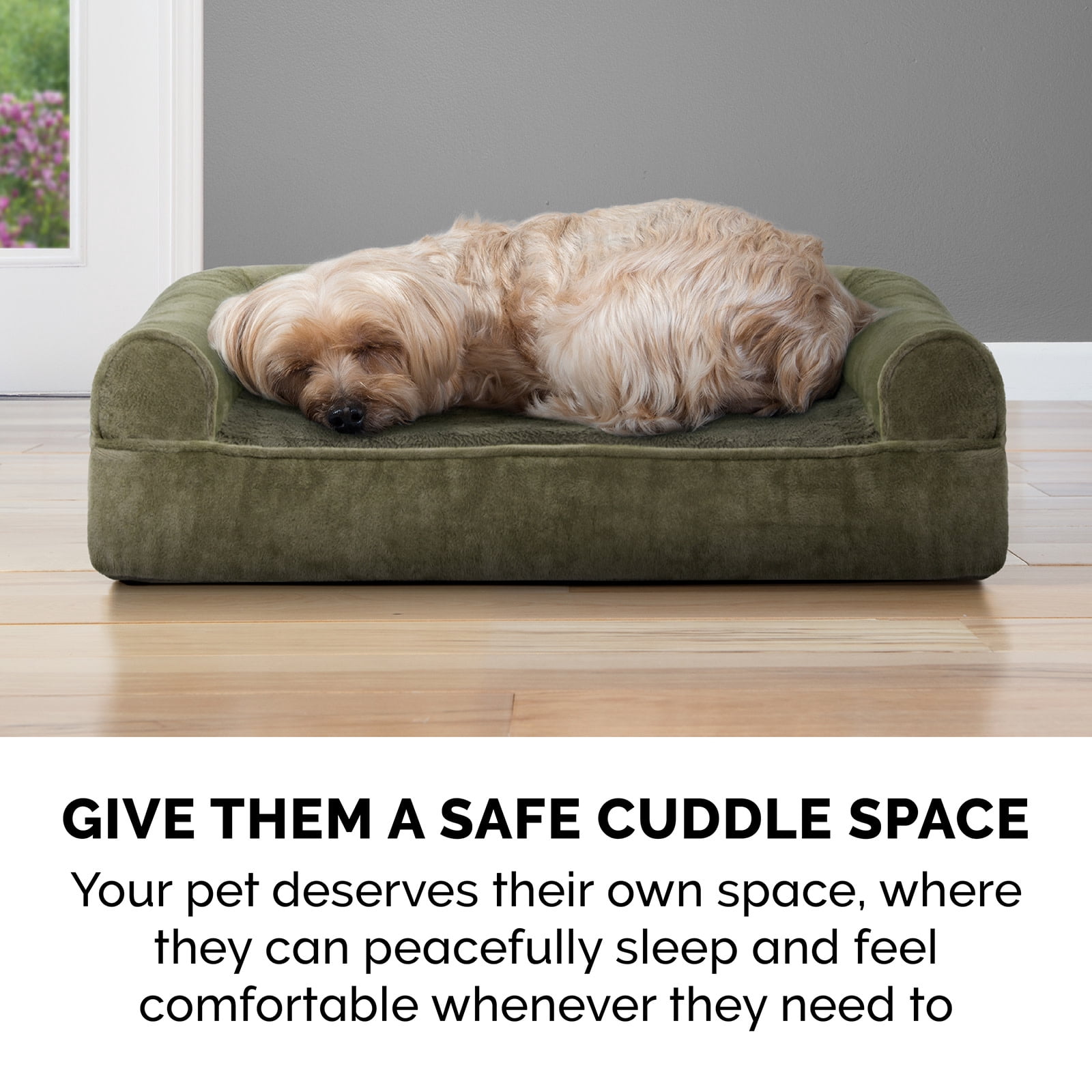 FurHaven Classic Sofa Orthopedic Dog Bed with Pillow Fill Base for Joint Support, Removable Washable Cover, Jumbo XL, Faux Fur & Velvet, Dark Green