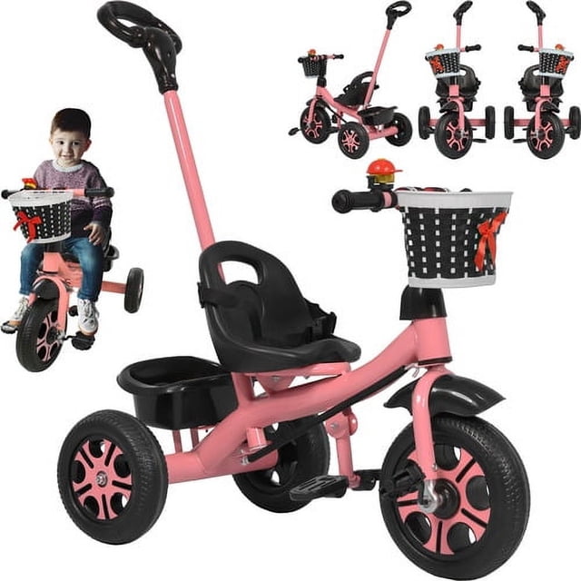 Triciclo Infantil Niños 2 En 1 Barra Empuje Cajuela Canasta Rosa