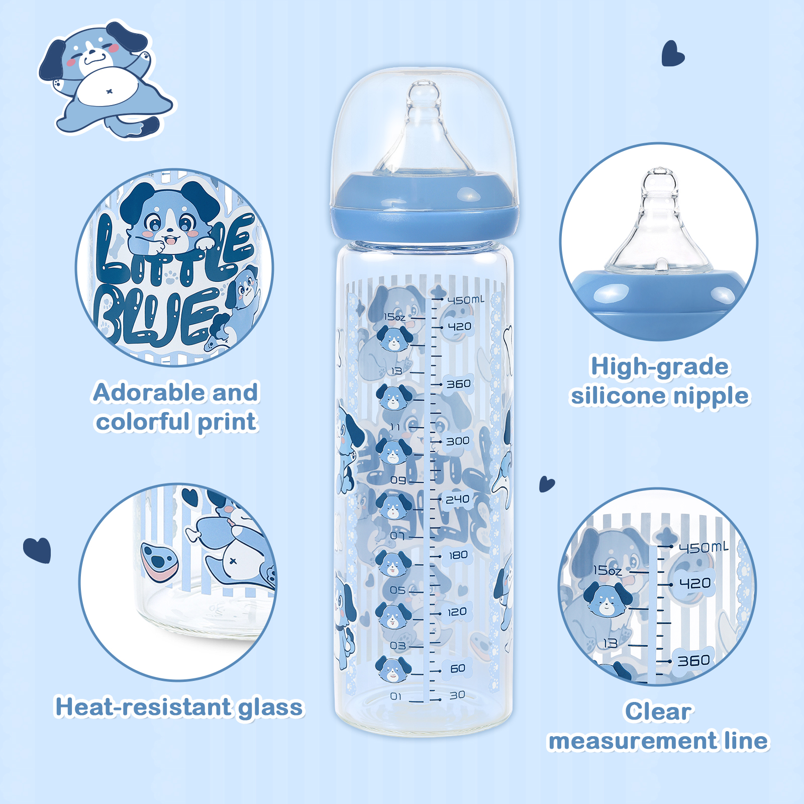 LittleForBig Adult Bottle Ultra Printed Specialty Oversized Glass Feeding Little Blue Pattern