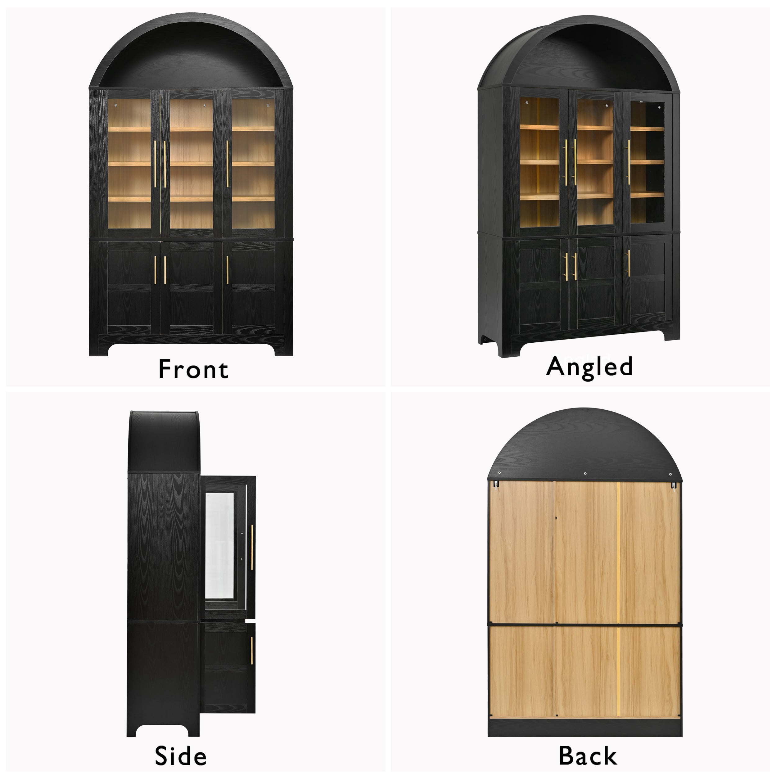 Aukfa 73" Arched Pantry Cabinet with 3 Glass Doors, Adjustable Shelves for Kitchen & Dining Room, Black